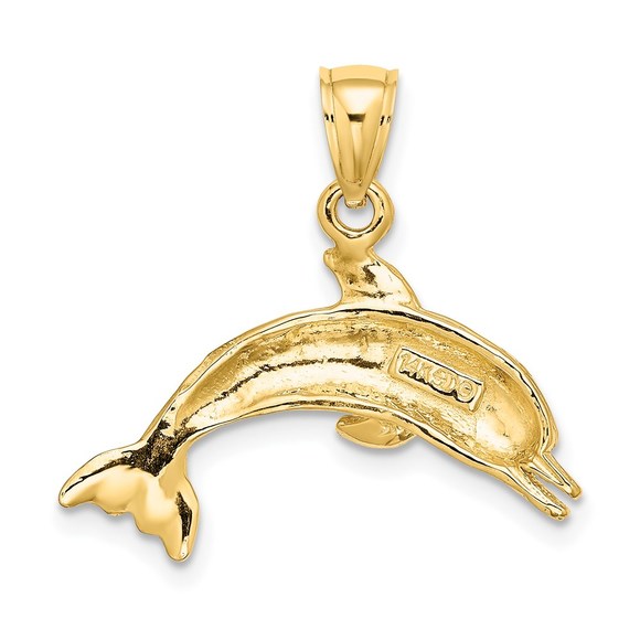 14k Yellow Gold Textured/Polished Dolphin Jumping Necklace Charm Pendant - Picture 4 of 4